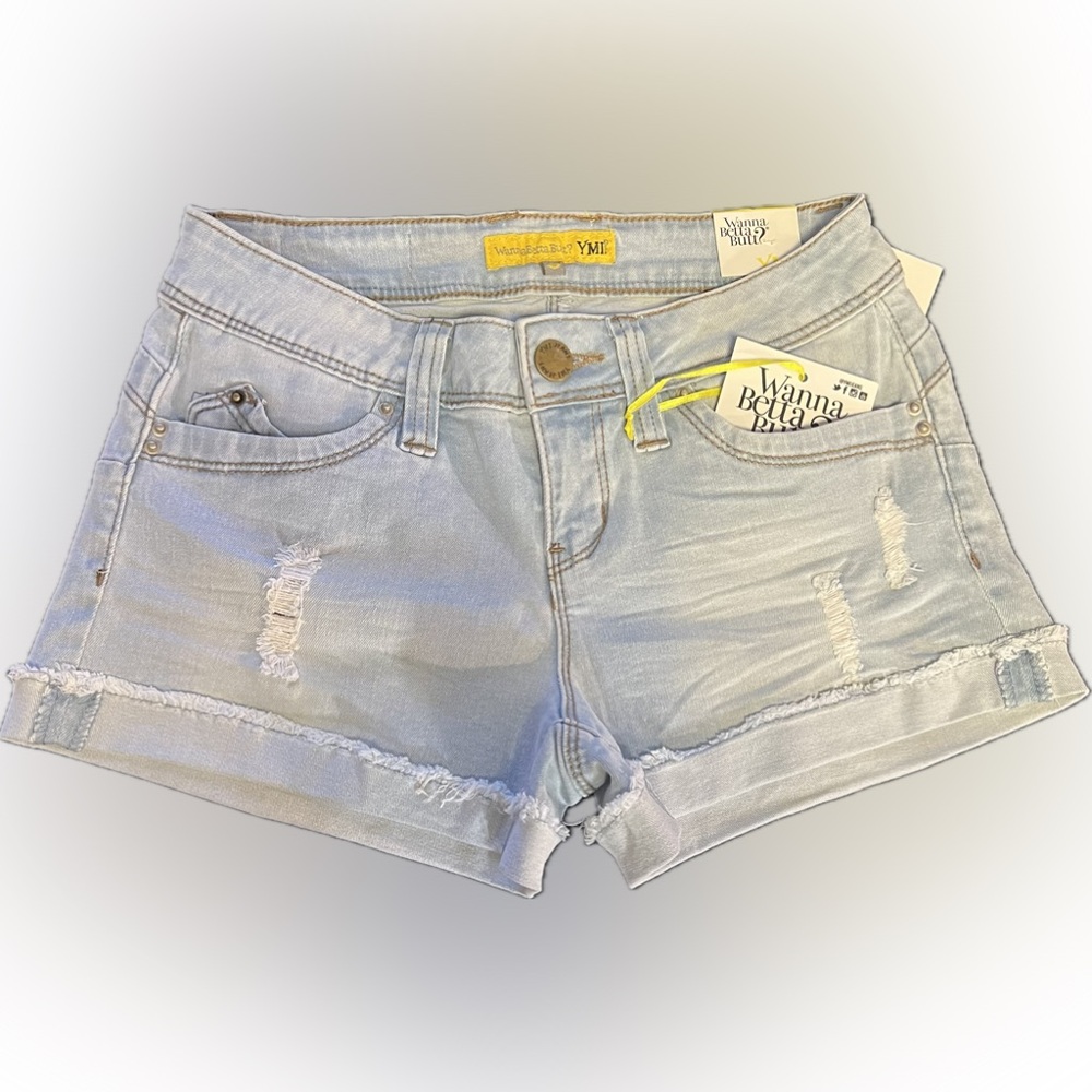 NWT YMI Wannabettabutt cuffed denim shorts.  Size 3, Light Wash, Distressed.